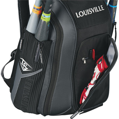 A Louisville Slugger Prime Stick Pack Backpack (WTL9902) in black and gray holds several bats, with a zippered pocket showing white and red batting gloves and a small red item.