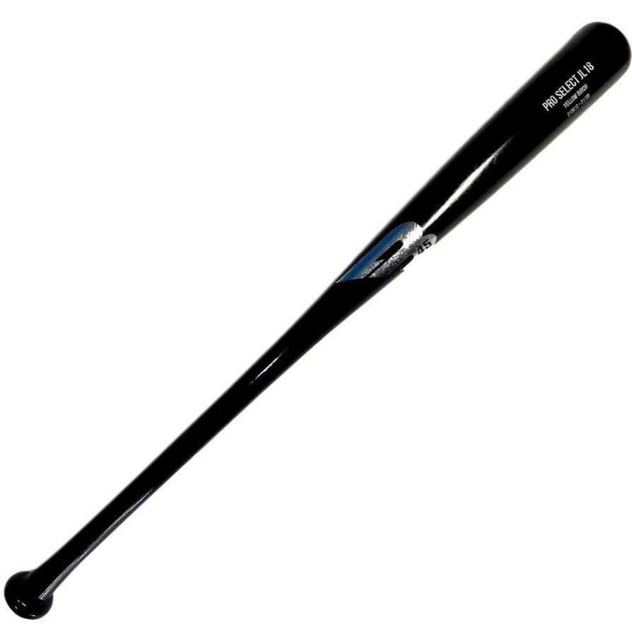 The B45 JL18 Premium Birch Wood Baseball Bat: JL18-BLK is a black yellow birch bat with a glossy finish, silver logo, and white text—ideal for gap-to-gap hitters wanting a balanced feel from B45.