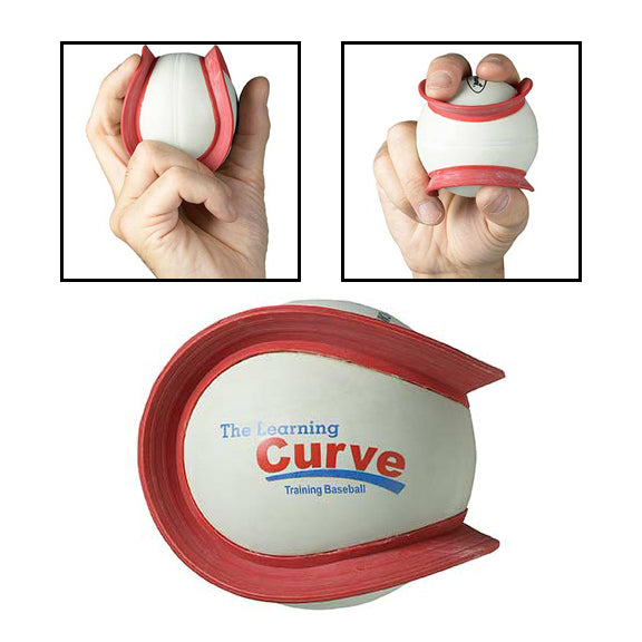 The Markwort The Learning Curve Training Baseball: FIN by Markwort is a white ball with red rubber curved sides. Close-ups show how to grip this curveball training aid from various angles to help improve pitching technique.