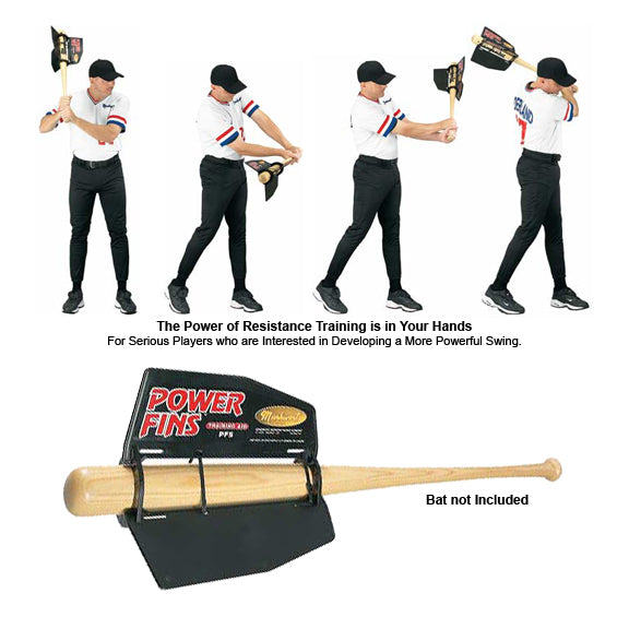Four images show a player using the Markwort Power Fins Resistance Swing / Batting Aid: PF5 to boost swing strength and hand speed. A close-up shows Power Fins by Markwort attached to bats. Text notes: Bat not included.