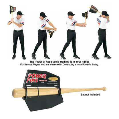 Four images show a player using the Markwort Power Fins Resistance Swing / Batting Aid: PF5 to boost swing strength and hand speed. A close-up shows Power Fins by Markwort attached to bats. Text notes: Bat not included.