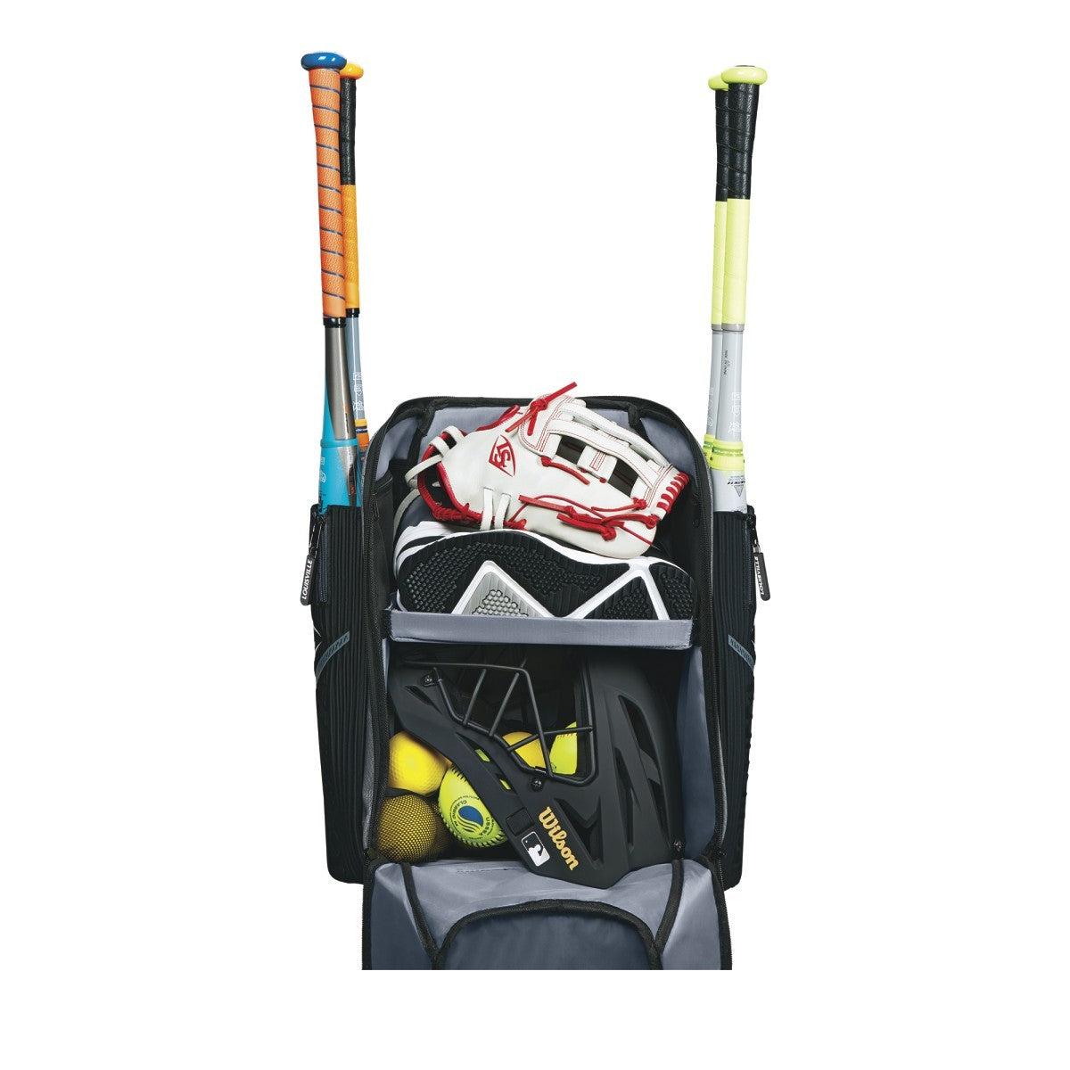 The Louisville Slugger Prime Stick Pack Backpack (WTL9902) neatly stores two bats, a glove, helmet, shoes, and several yellow softballs in organized compartments.