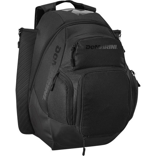 The DeMarini Voodoo OG Backpack: WB57117 is a black DeMarini baseball backpack featuring multiple zippered compartments, padded straps, and a side pocket—perfect as a bat bag for all your athletic gear.