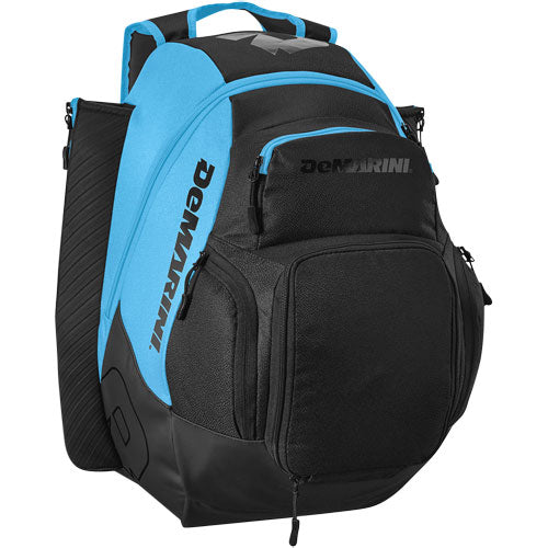 The DeMarini Voodoo OG Backpack: WB57117, in black and blue, features multiple compartments, side pockets, a sturdy base, front logo, and is ideal as a bat bag for baseball players.