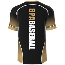 Back view of the DSG Apparel Baseball Players Association BPA Sublimated Short Sleeve Shirt in black and gold with white trim. "BPA BASEBALL" is printed vertically in large white letters down the back.