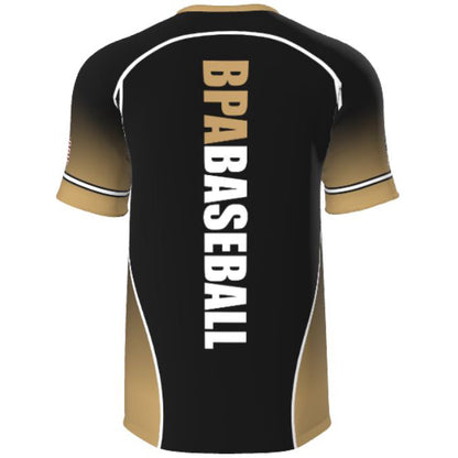 Back view of the DSG Apparel Baseball Players Association BPA Sublimated Short Sleeve Shirt in black and gold with white trim. "BPA BASEBALL" is printed vertically in large white letters down the back.