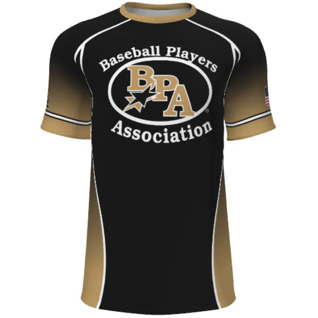 The DSG Apparel Baseball Players Association BPA Sublimated Short Sleeve Shirt features a sleek black and gold design.