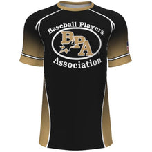 The DSG Apparel Baseball Players Association BPA Sublimated Short Sleeve Shirt features a sleek black and gold design.
