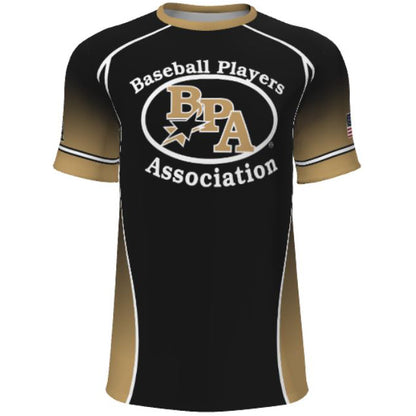 The DSG Apparel Baseball Players Association BPA Sublimated Short Sleeve Shirt features a sleek black and gold design.