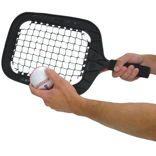 A close-up of a hand holding a baseball and the Markwort Accubat Pro One Handed Coaches Tool (100101), the ultimate baseball training aid.