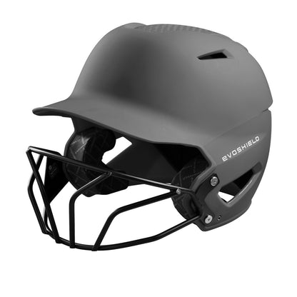 The EvoShield XVT Matte Batting Helmet with Fastpitch Mask (WTV7135) by EvoShield offers NOCSAE-certified protection and enhanced safety with an integrated face guard.