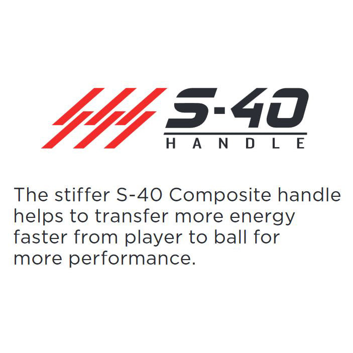 Logo displaying S-40 HANDLE with red diagonal lines. Text below reads: The stiffer S-40 Composite handle on the Marucci CATX Connect (-5) USSSA Bat helps transfer more energy from player to ball for greater performance.