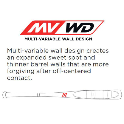 Diagram displaying the Marucci 2023 CATX (-5) 2 3/4" USSSA Baseball Bat (MSBCX5) with Multi-Variable Wall Design for an expanded sweet spot, thinner barrel walls for more forgiveness, and a liquid-gel dampening knob below the handle.