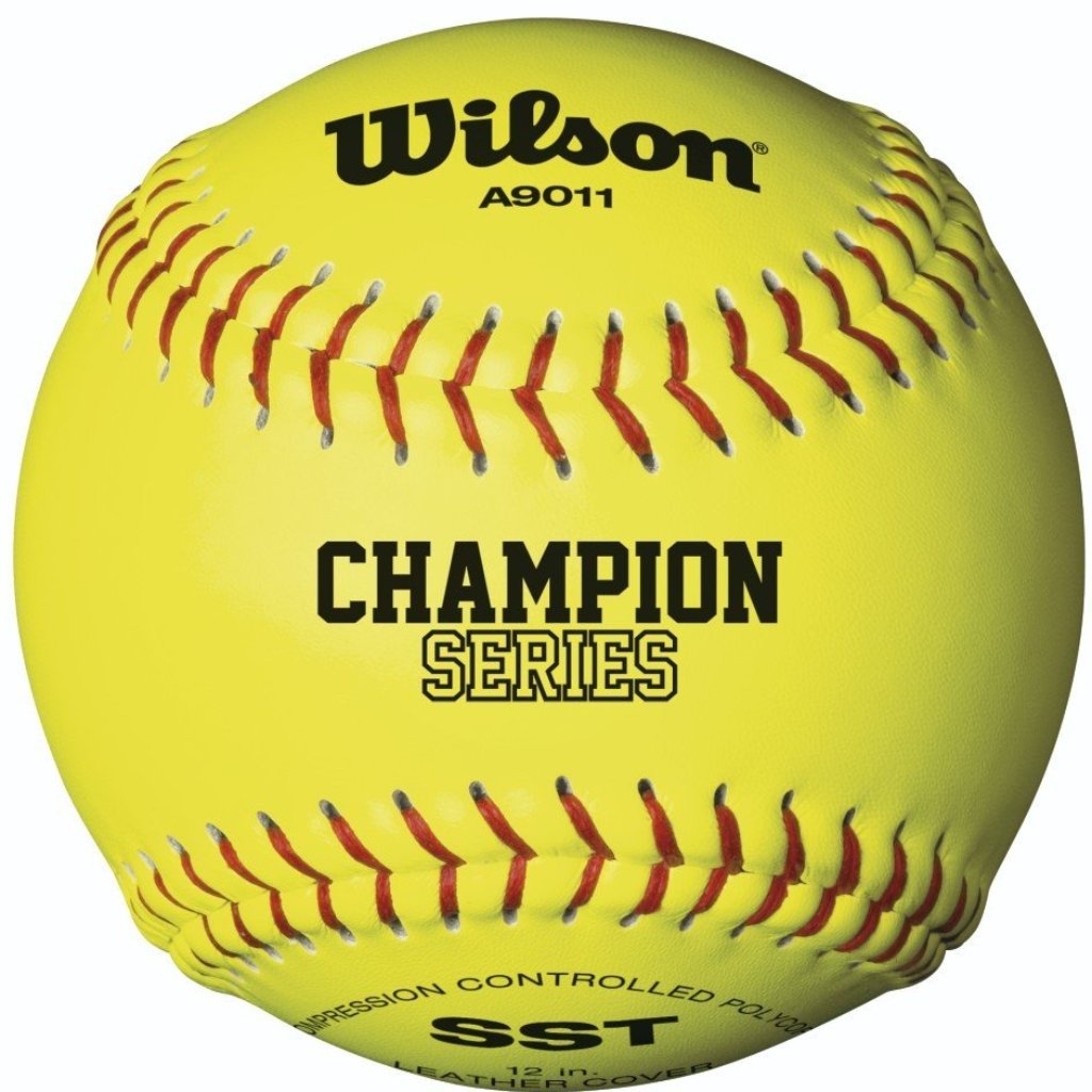 A close-up of the Wilson NFHS Polycore 12" Leather Fastpitch Softball, featuring Compression Controlled Polycore—ideal for high school games and approved as a top NFHS softball.