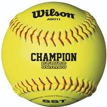 A close-up of the Wilson NFHS Polycore 12" Leather Fastpitch Softball, featuring Compression Controlled Polycore—ideal for high school games and approved as a top NFHS softball.