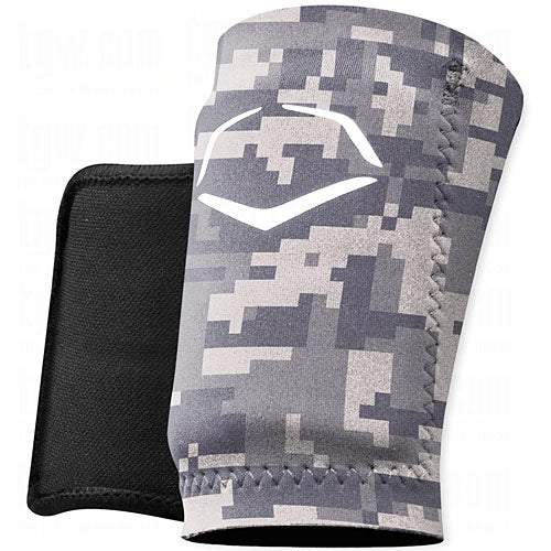 A digital camo compression sleeve with a white geometric logo is shown beside an EvoShield Wrist Guard: A150 in plain black.
