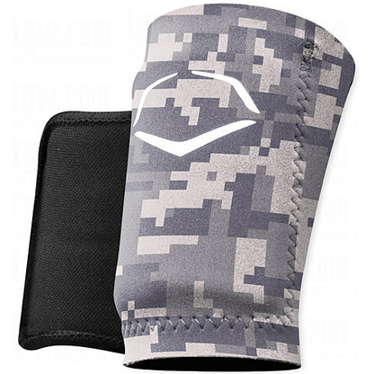 A digital camo compression sleeve with a white geometric logo is shown beside an EvoShield Wrist Guard: A150 in plain black.
