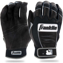 The Franklin CFX Pro Youth Batting Gloves: 205 by Franklin are black with white accents, shown from both sides. Made of PITTARDS DIGITAL sheepskin leather, they display the Franklin and MLB logos on the wrist strap.