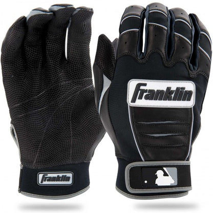 The Franklin CFX Pro Youth Batting Gloves: 205 by Franklin are black with white accents, shown from both sides. Made of PITTARDS DIGITAL sheepskin leather, they display the Franklin and MLB logos on the wrist strap.