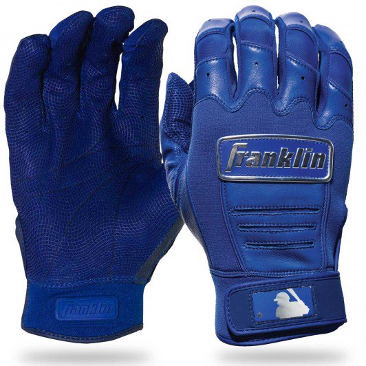 Two blue Franklin CFX Pro Full Color Chrome Adult Batting Gloves (205) are shown—one displays the palm, the other the back featuring the Franklin logo and a white MLB logo patch near the wrist for superior grip.