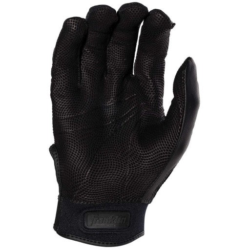The Franklin CFX Pro Full Color Chrome Adult Batting Gloves (205) by Franklin are shown in black with a textured, detailed fabric and reinforced stitching, displayed on a white background from the back of the hand with fingers bent for better grip.