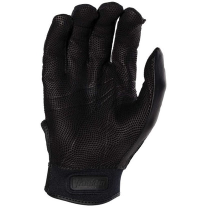 The Franklin CFX Pro Full Color Chrome Adult Batting Gloves (205) by Franklin are shown in black with a textured, detailed fabric and reinforced stitching, displayed on a white background from the back of the hand with fingers bent for better grip.