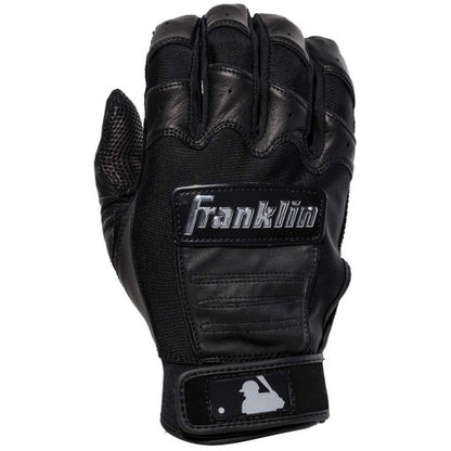 The Franklin CFX Pro Full Color Chrome Adult Batting Gloves feature black design, visible stitching, mesh sides, and a white MLB logo on the wrist strap—offering superior grip and comfort for serious players.