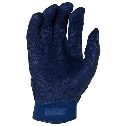 The Franklin CFX Pro Full Color Chrome Adult Batting Gloves: 205 feature a navy blue textured design, sheepskin leather for enhanced grip, and display the Franklin logo on the wrist strap, shown palm up on a white background.