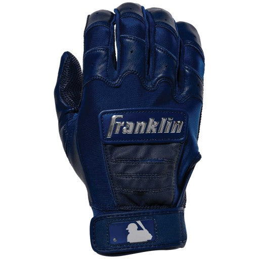 The Franklin CFX Pro Full Color Chrome 205 batting glove features reinforced stitching, mesh accents, and an MLB logo on the wrist strap for superior grip and performance.