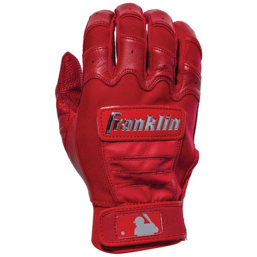 The Franklin CFX Pro Full Color Chrome Adult Batting Gloves: 205 feature sheepskin leather, visible stitching, back Franklin logo, MLB logo near the wrist, padding, and deliver an excellent grip for each swing.