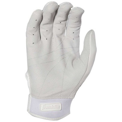 The Franklin CFX Pro Full Color Chrome Adult Batting Glove by Franklin features white sheepskin leather, finger perforations, and a Velcro wrist strap, shown palm-up against a plain background for excellent grip.