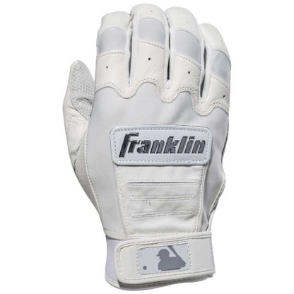 The Franklin CFX Pro Full Color Chrome Adult Batting Glove (205) features white sheepskin leather with gray accents, the Franklin logo on the back, and an MLB logo patch on the wrist strap, all shown against a white background.