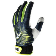 The All Star System7 CG5001 Catcher's Protective Inner Glove is shown on an upright left hand, featuring black, yellow, and white design with green accents, star logo, lightweight padding, and a Velcro wrist strap.