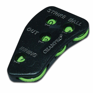 The Champro Sports 4 Dial Umpire Indicator (A042) is a black and green plastic device with optic yellow dials for balls, strikes, outs, and innings set to zero. The “Champro Sports” brand is printed on the indicator.