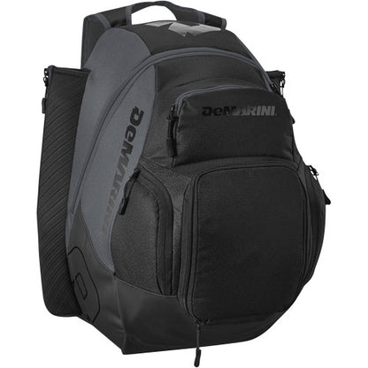 The DeMarini Voodoo OG Backpack: WB57117 features a black and gray design, multiple zippered compartments, padded straps, and a spacious main pocket—ideal for sports or travel.