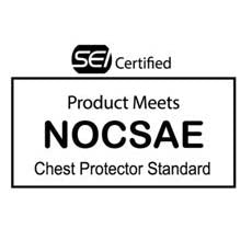 A certification label displays "SEI Certified" and states the All Star System7 Axis Catcher's Chest Protector (CPCC912S7X / CPCC1216S7X / CPCC40PRO) meets the NOCSAE Chest Protector Standard in black text on a white background.