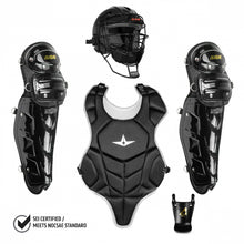 The All Star League Series T-Ball Catcher's Kit (CKCCTBALL) includes black and white youth gear: helmet, chest protector, two leg guards, and a small bag. Features the All Star logo with a certification badge in the bottom left corner.