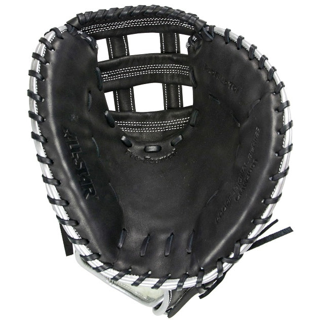 The All Star AF Elite 33.5" Fastpitch Catcher's Mitt: CMW3001-B features black and gray Japanese-tanned steer hide, thick stitching, a single hinge design, and a webbed pocket—shown from above to highlight the interior.