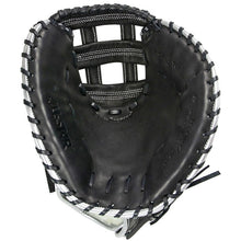 The All Star AF Elite 33.5" Fastpitch Catcher's Mitt: CMW3001-B features black and gray Japanese-tanned steer hide, thick stitching, a single hinge design, and a webbed pocket—shown from above to highlight the interior.