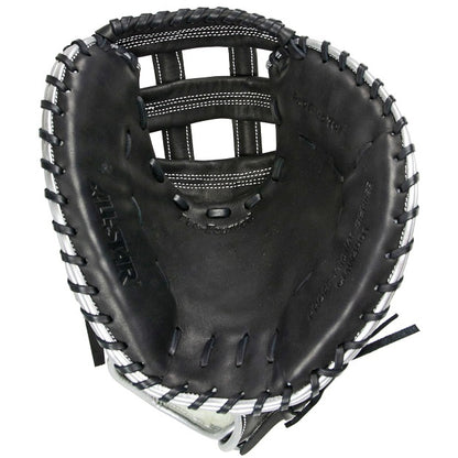 The All Star AF Elite 33.5" Fastpitch Catcher's Mitt: CMW3001-B features black and gray Japanese-tanned steer hide, thick stitching, a single hinge design, and a webbed pocket—shown from above to highlight the interior.