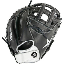 The All Star AF Elite 33.5" Fastpitch Catcher's Mitt (CMW3001-B) features black and white Japanese-tanned steer hide, visible white stitching, and an adjustable wrist strap.