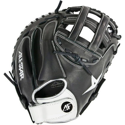 The All Star AF Elite 33.5" Fastpitch Catcher's Mitt (CMW3001-B) features black and white Japanese-tanned steer hide, visible white stitching, and an adjustable wrist strap.