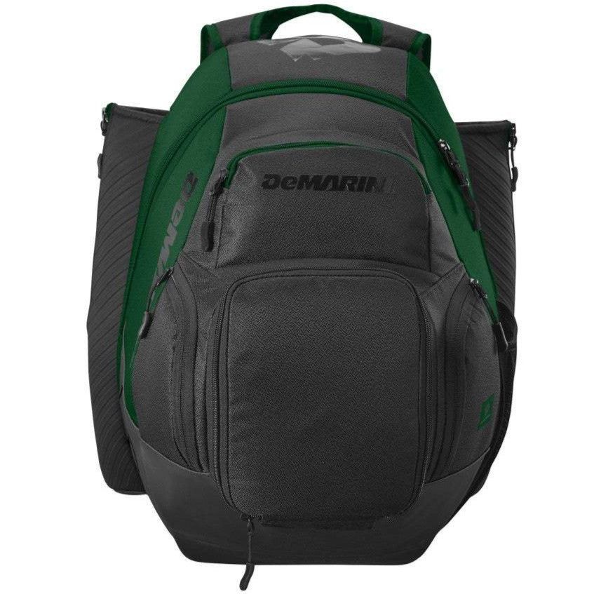 The DeMarini Voodoo OG Backpack: WB57117 is a black and dark green baseball backpack with multiple zippered compartments, padded shoulder straps, and side pockets for carrying sports gear.