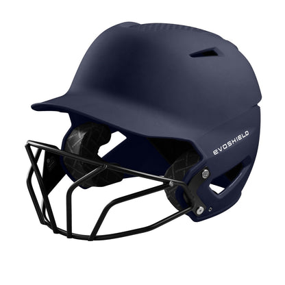 The EvoShield XVT Matte Batting Helmet with Fastpitch Mask (WTV7135) by EvoShield features NOCSAE protection and a black faceguard, shown in navy blue from a front-side angle on a white background.