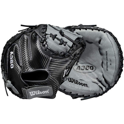 The Wilson A360 31.5" Baseball Catcher's Mitt (WBW100190315) by Wilson features black and gray genuine leather, visible stitching, branding, and is shown from the palm and back sides.