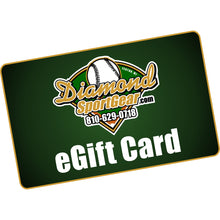 A green DSG Gift Card by Diamond Sport Gear with a gold border, brand logo, baseball graphic, and bold “eGift Card” text—an ideal baseball or softball gift card for any sports fan.