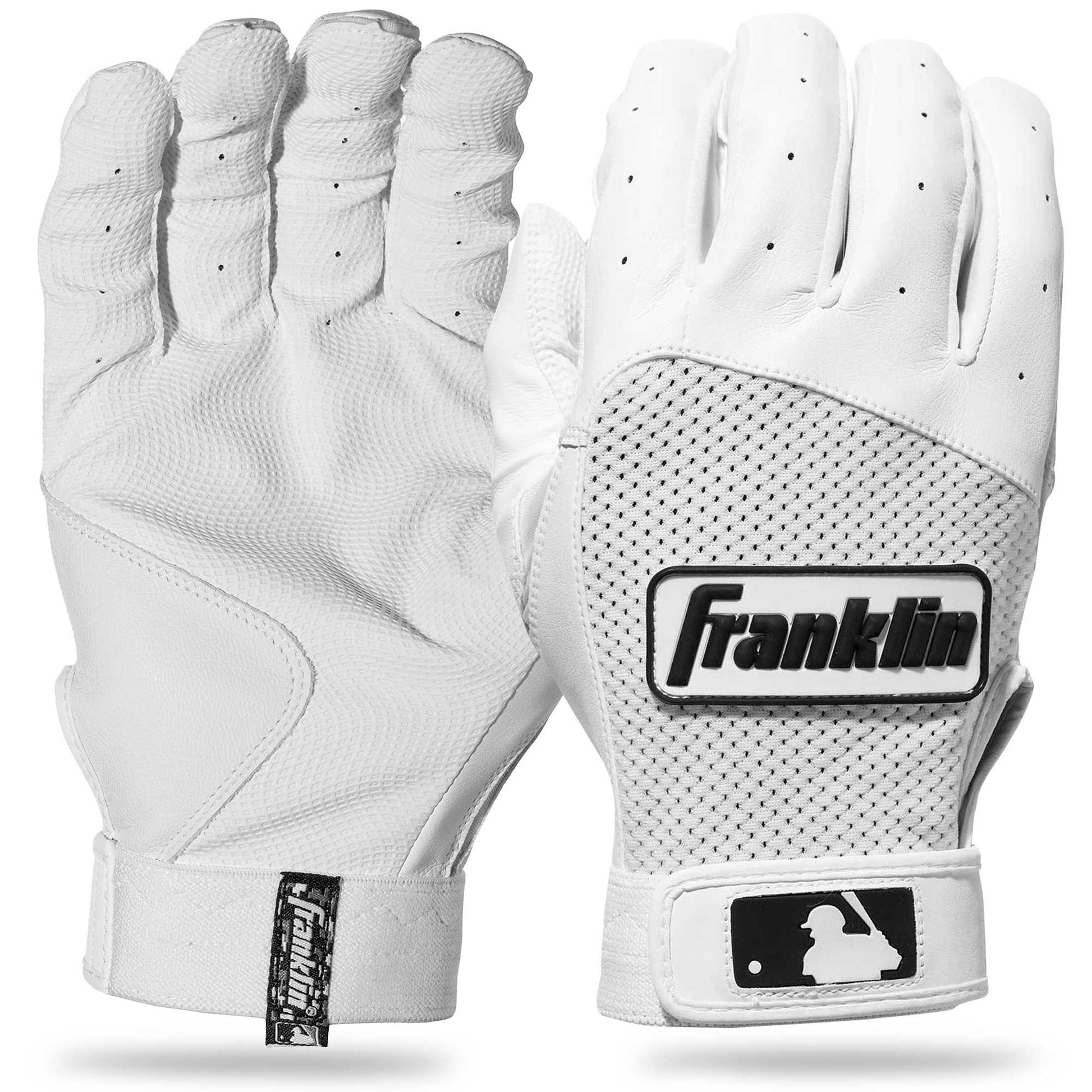 The Franklin Classic XT Adult Batting Gloves feature a white design, visible palm and back, black "Franklin" logo, MLB patch, and perforations for breathability and grip.