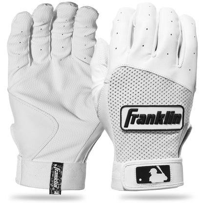 The Franklin Classic XT Adult Batting Gloves feature a white design, visible palm and back, black "Franklin" logo, MLB patch, and perforations for breathability and grip.