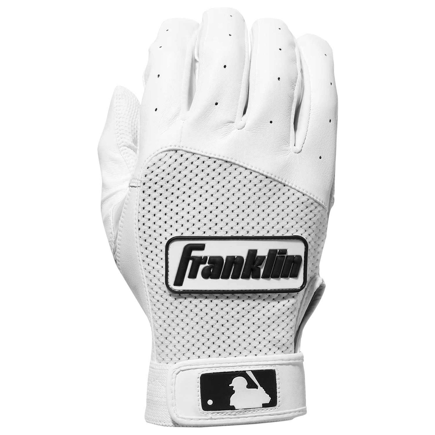 The Franklin Classic XT Adult Batting Gloves (CLASSICXT) feature a white design with the Franklin logo, offering superior grip. Ideal for adult players seeking quality and performance at the plate.