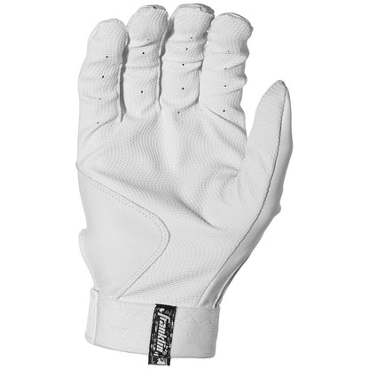 The Franklin Classic XT Adult Batting Glove (CLASSICXT) features a white design with finger perforations, textured grip, and a black label near the adjustable wrist strap. Shown with the palm facing away.